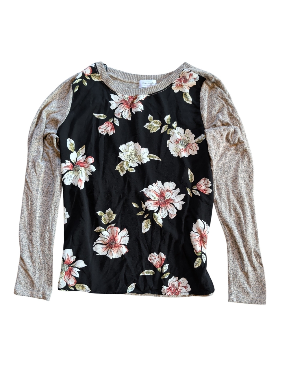 Kaileigh Black Floral Raglan Top with Beige Sleeves